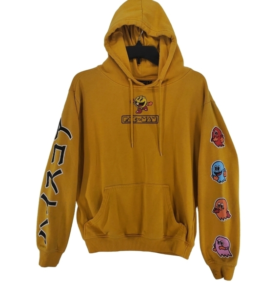 Vtg Pac Man Hoodie Sweatshirt Mens S Gold Japanese Characters Graphics Fleece - Picture 5 of 14